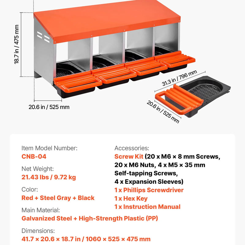 VEVOR vistas dējējkaste ar 4 nodalījumiem, 38,1–76,2 cm stabila un korozijizturīga metāla dēšanas kaste ar slīpiem dēšanas nodalījumiem, drenāžas atverēm un atpūtas platformu — piemērota dažādām vistu šķirnēm