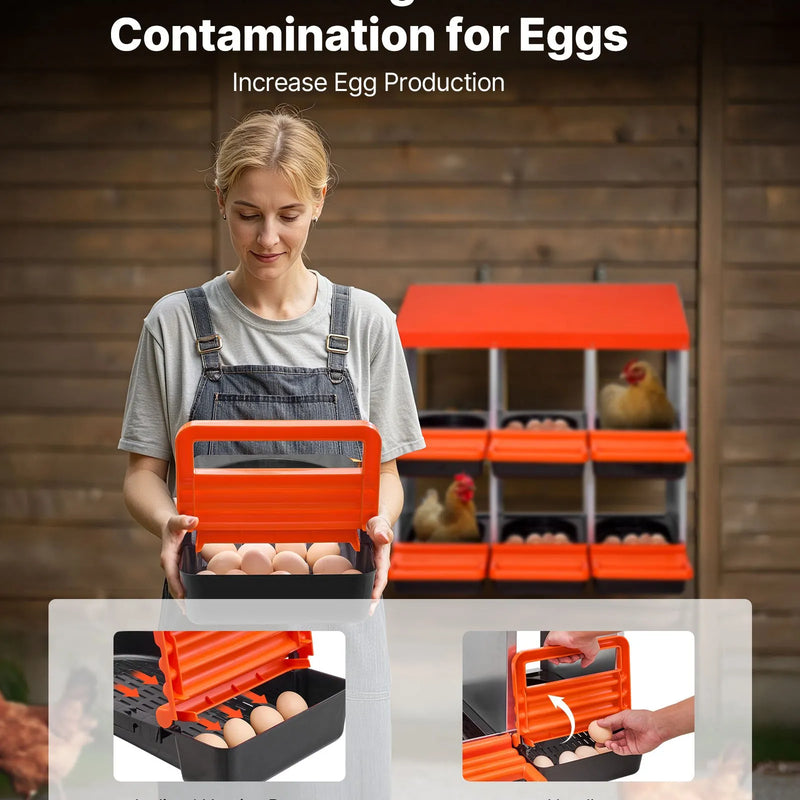 VEVOR 2 līmeņu vistas dējējkaste ar 6 nodalījumiem, metāla olu dēšanas kaste ar aizsargpārsegiem un izslīdošo savākšanas sistēmu — viegli saliekama, piemērota vistām, pīlēm, cālīšiem un citiem mājputniem