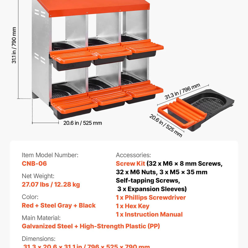 VEVOR 2 līmeņu vistas dējējkaste ar 6 nodalījumiem, metāla olu dēšanas kaste ar aizsargpārsegiem un izslīdošo savākšanas sistēmu — viegli saliekama, piemērota vistām, pīlēm, cālīšiem un citiem mājputniem
