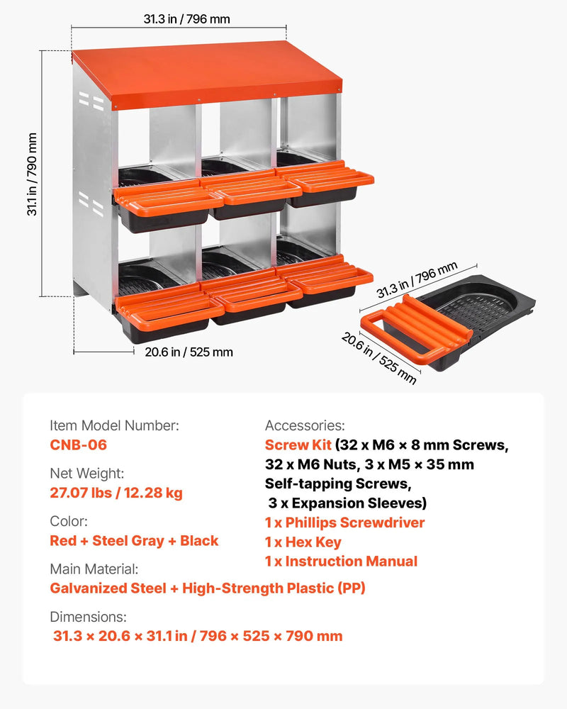 VEVOR 2 līmeņu vistas dējējkaste ar 6 nodalījumiem, metāla olu dēšanas kaste ar aizsargpārsegiem un izslīdošo savākšanas sistēmu — viegli saliekama, piemērota vistām, pīlēm, cālīšiem un citiem mājputniem