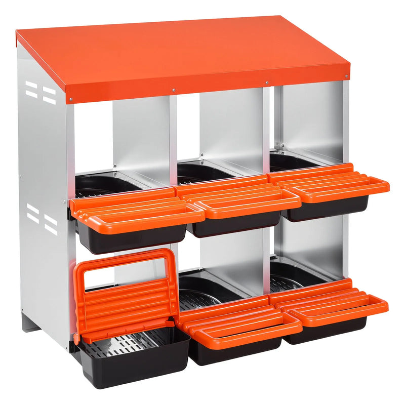 VEVOR vistas dējējkaste ar 6 nodalījumiem, 30–45 collu stabila un korozijizturīga metāla dēšanas kaste ar slīpiem dēšanas nodalījumiem, drenāžas atverēm un atpūtas platformu — piemērota dažādām vistu šķirnēm