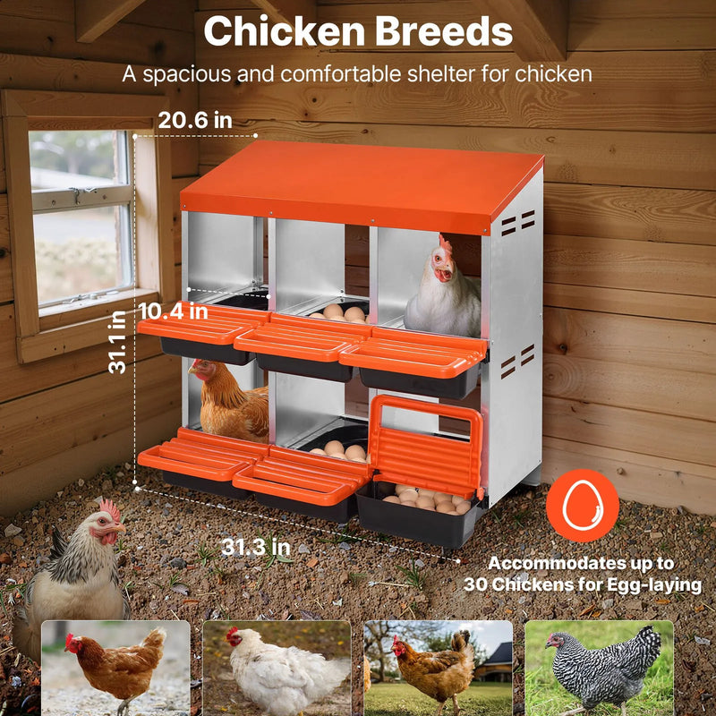 VEVOR vistas dējējkaste ar 6 nodalījumiem, 30–45 collu stabila un korozijizturīga metāla dēšanas kaste ar slīpiem dēšanas nodalījumiem, drenāžas atverēm un atpūtas platformu — piemērota dažādām vistu šķirnēm