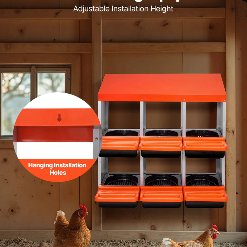 VEVOR vistas dējējkaste ar 6 nodalījumiem, 30–45 collu stabila un korozijizturīga metāla dēšanas kaste ar slīpiem dēšanas nodalījumiem, drenāžas atverēm un atpūtas platformu — piemērota dažādām vistu šķirnēm