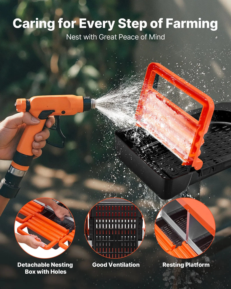 VEVOR vistas dējējkaste ar 6 nodalījumiem, 30–45 collu stabila un korozijizturīga metāla dēšanas kaste ar slīpiem dēšanas nodalījumiem, drenāžas atverēm un atpūtas platformu — piemērota dažādām vistu šķirnēm