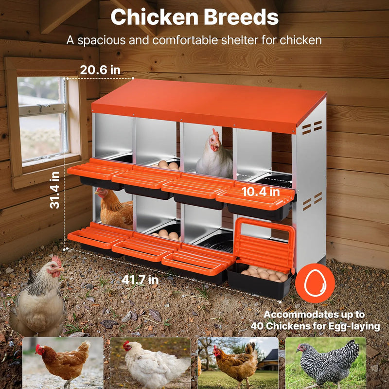 VEVOR 8 nodalījumu cinkota metāla dējējkaste ar slīpām ligzdām un ventilācijas atverēm, piemērota dažādām vistu šķirnēm (76–114 cm platuma diapazons)