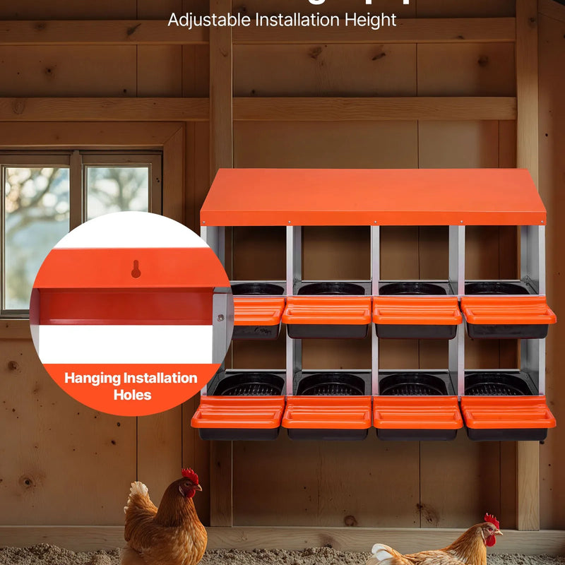 VEVOR 8 nodalījumu cinkota metāla dējējkaste ar slīpām ligzdām un ventilācijas atverēm, piemērota dažādām vistu šķirnēm (76–114 cm platuma diapazons)