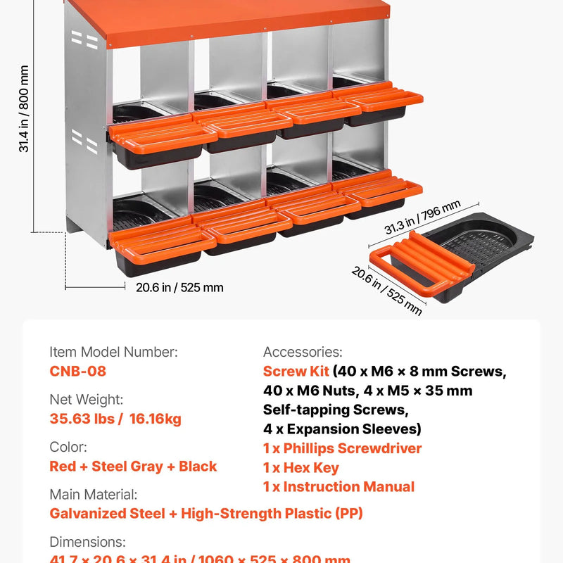 VEVOR 8 nodalījumu cinkota metāla dējējkaste ar slīpām ligzdām un ventilācijas atverēm, piemērota dažādām vistu šķirnēm (76–114 cm platuma diapazons)