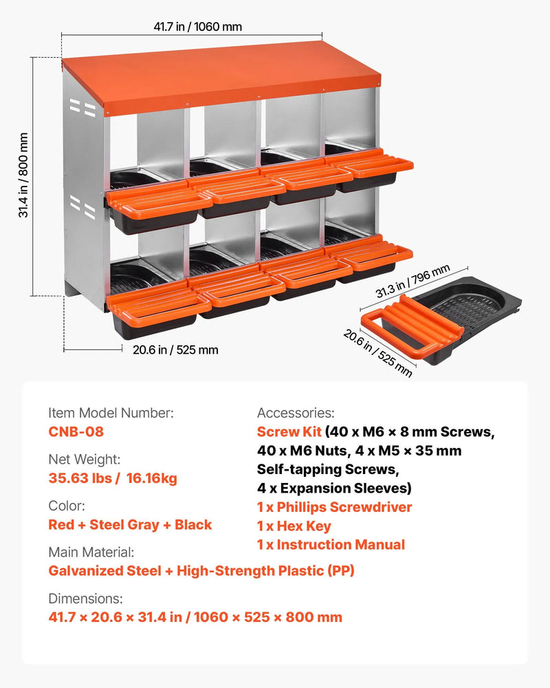 VEVOR 8 nodalījumu cinkota metāla dējējkaste ar slīpām ligzdām un ventilācijas atverēm, piemērota dažādām vistu šķirnēm (76–114 cm platuma diapazons)