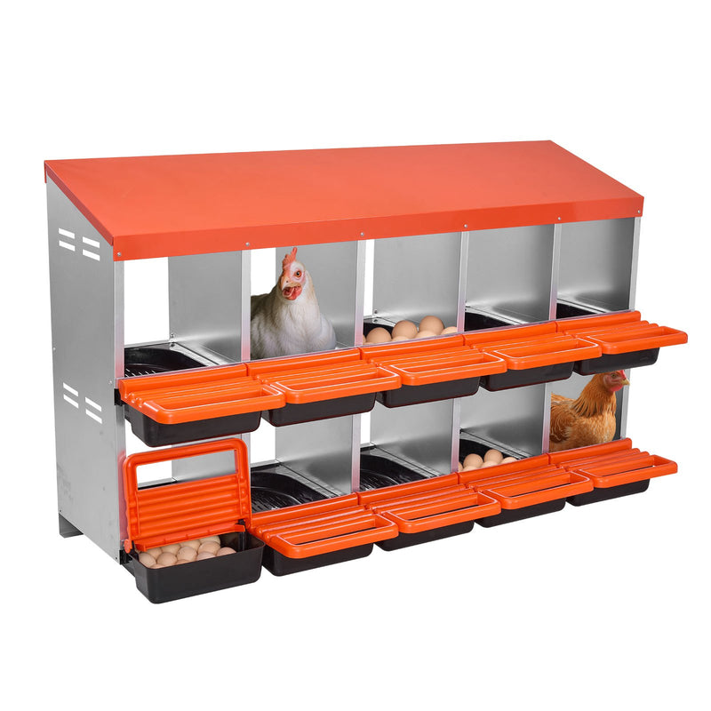 VEVOR 2 līmeņu dējējkastes ar 10 nodalījumiem, metāla olu dēšanas kaste ar aizsargpārsegiem un izslīdošo savākšanas sistēmu — viegli saliekama, piemērota vistām, pīlēm, cālīšiem un citiem mājputniem