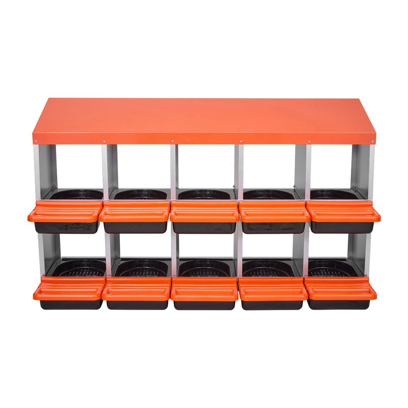 VEVOR 2 līmeņu dējējkastes ar 10 nodalījumiem, metāla olu dēšanas kaste ar aizsargpārsegiem un izslīdošo savākšanas sistēmu — viegli saliekama, piemērota vistām, pīlēm, cālīšiem un citiem mājputniem