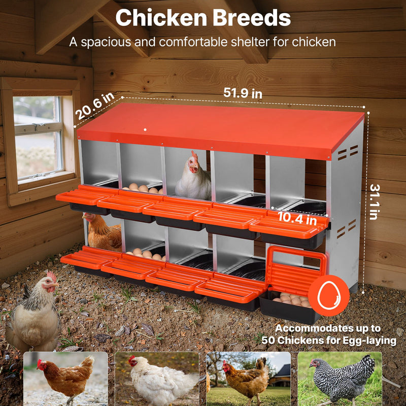 VEVOR 2 līmeņu dējējkastes ar 10 nodalījumiem, metāla olu dēšanas kaste ar aizsargpārsegiem un izslīdošo savākšanas sistēmu — viegli saliekama, piemērota vistām, pīlēm, cālīšiem un citiem mājputniem