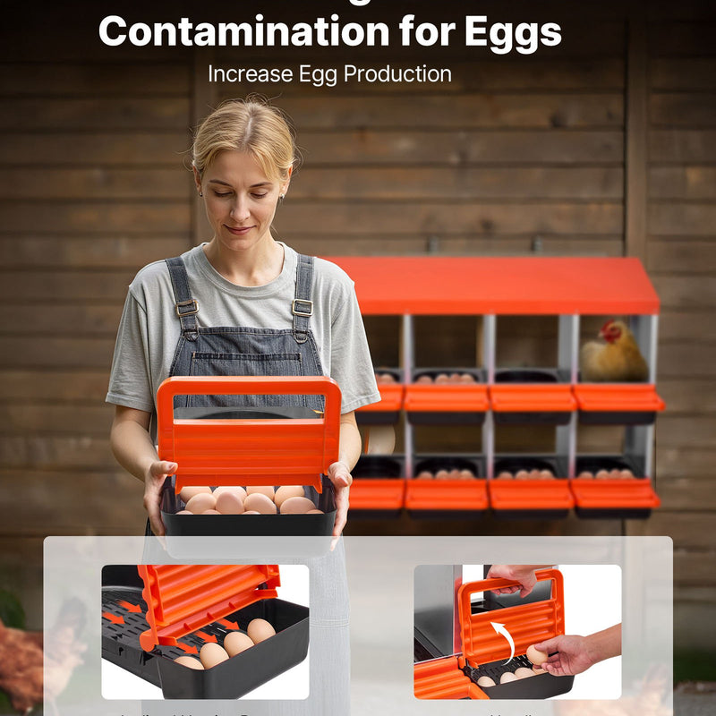 VEVOR 2 līmeņu dējējkastes ar 10 nodalījumiem, metāla olu dēšanas kaste ar aizsargpārsegiem un izslīdošo savākšanas sistēmu — viegli saliekama, piemērota vistām, pīlēm, cālīšiem un citiem mājputniem