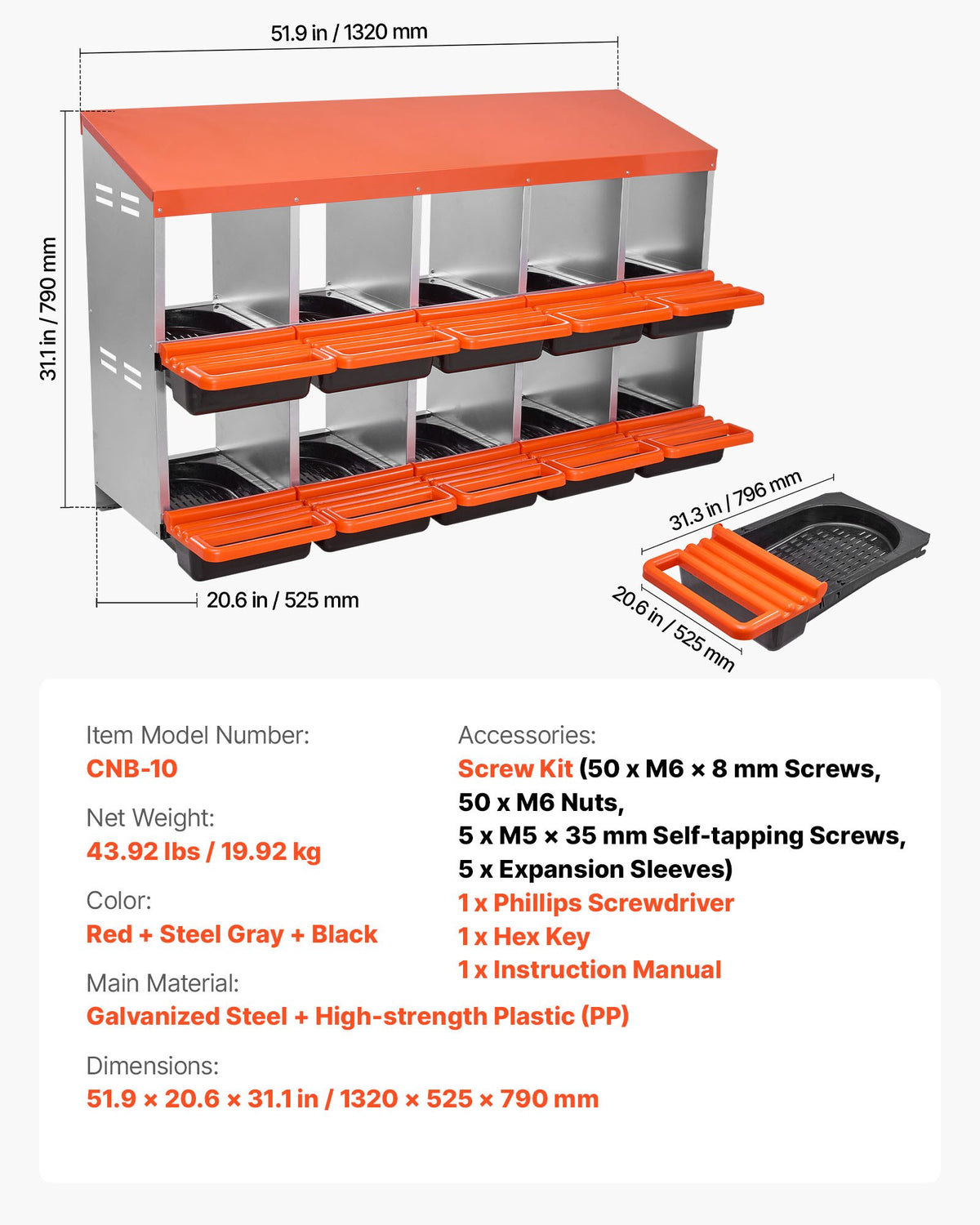VEVOR Two-Tier Metal Chicken Nesting Box with 10 Compartments and Egg Rolling System