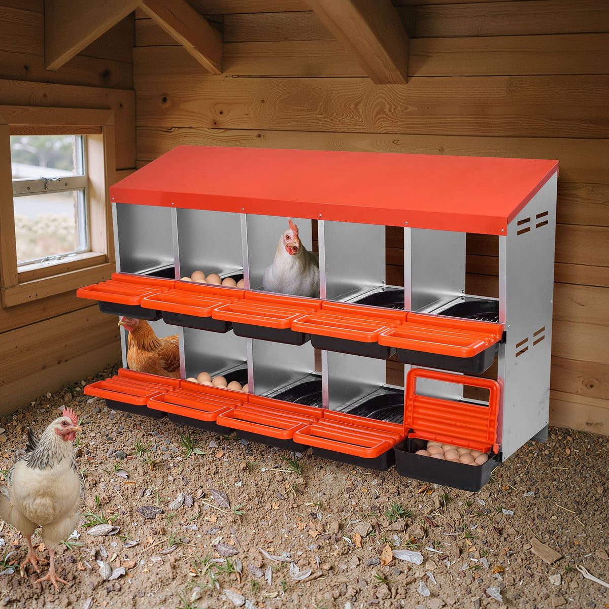 VEVOR Two-Tier Metal Chicken Nesting Box with 10 Compartments and Egg Rolling System