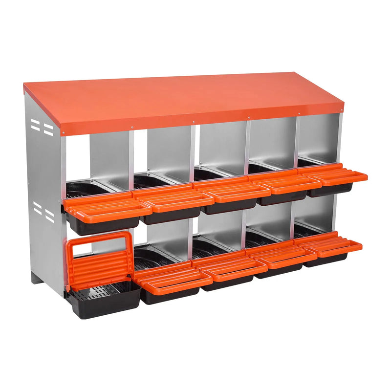 VEVOR vistas dējējkaste ar 10 nodalījumiem, 30–45 collu stabila un korozijizturīga metāla dēšanas kaste ar slīpiem dēšanas nodalījumiem, drenāžas atverēm un atpūtas platformu — piemērota dažādām vistu šķirnēm