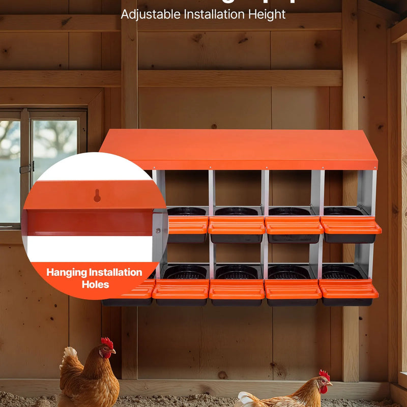 VEVOR vistas dējējkaste ar 10 nodalījumiem, 30–45 collu stabila un korozijizturīga metāla dēšanas kaste ar slīpiem dēšanas nodalījumiem, drenāžas atverēm un atpūtas platformu — piemērota dažādām vistu šķirnēm