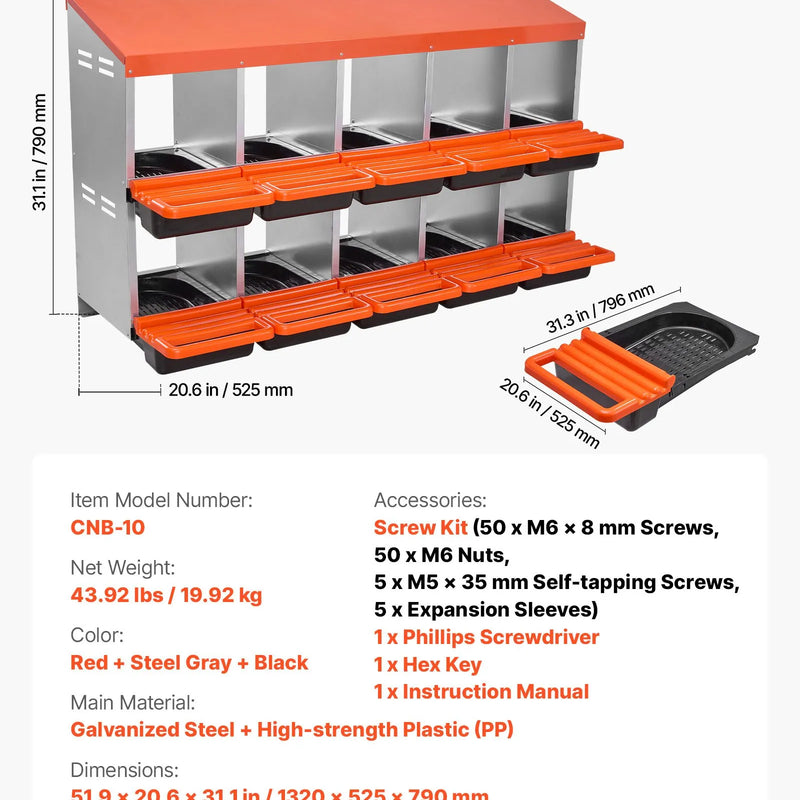 VEVOR vistas dējējkaste ar 10 nodalījumiem, 30–45 collu stabila un korozijizturīga metāla dēšanas kaste ar slīpiem dēšanas nodalījumiem, drenāžas atverēm un atpūtas platformu — piemērota dažādām vistu šķirnēm