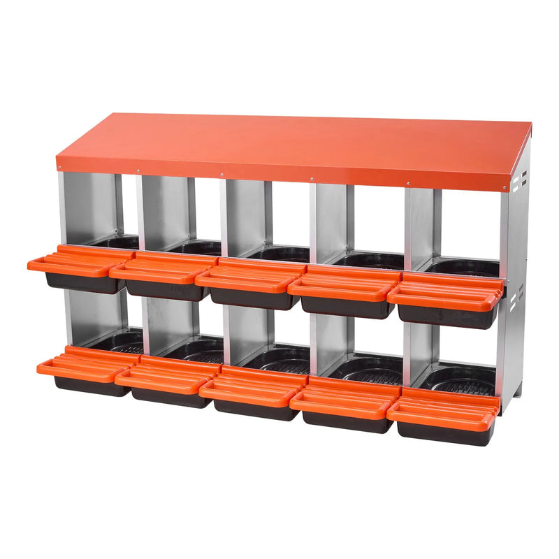 VEVOR vistas dējējkaste ar 10 nodalījumiem, 30–45 collu stabila un korozijizturīga metāla dēšanas kaste ar slīpiem dēšanas nodalījumiem, drenāžas atverēm un atpūtas platformu — piemērota dažādām vistu šķirnēm