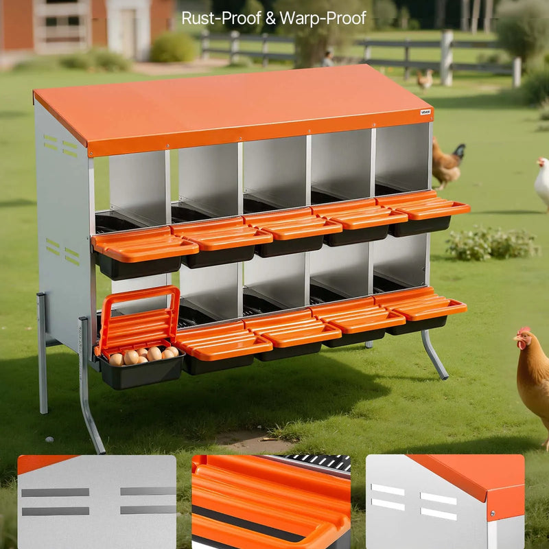 VEVOR vistas dēšanas ligzdas, 10 nodalījumi, ar balsta kājām, vienkārša olu savākšana, cinkots tērauds un augstas izturības plastmasa, ripojošās dēšanas ligzdas vistām un dējējvistām, oranžas