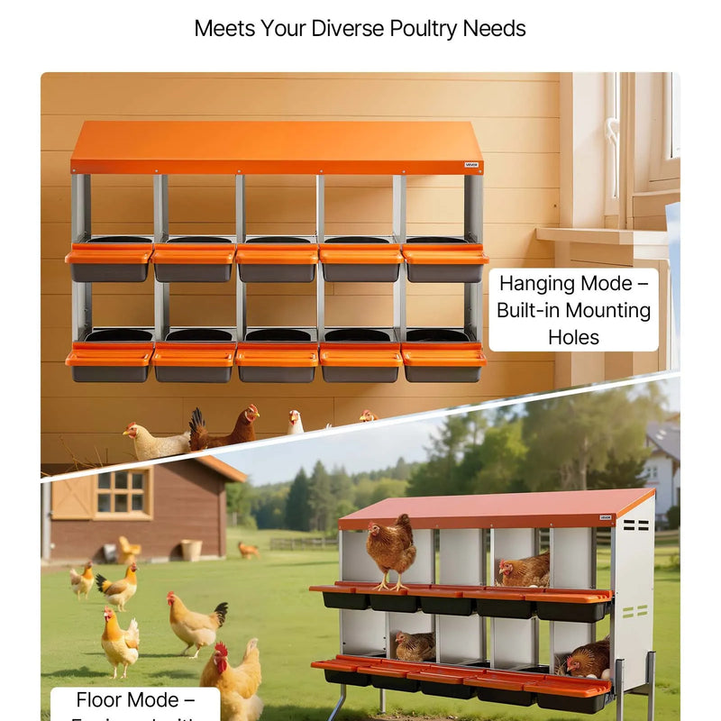 VEVOR vistas dēšanas ligzdas, 10 nodalījumi, ar balsta kājām, vienkārša olu savākšana, cinkots tērauds un augstas izturības plastmasa, ripojošās dēšanas ligzdas vistām un dējējvistām, oranžas