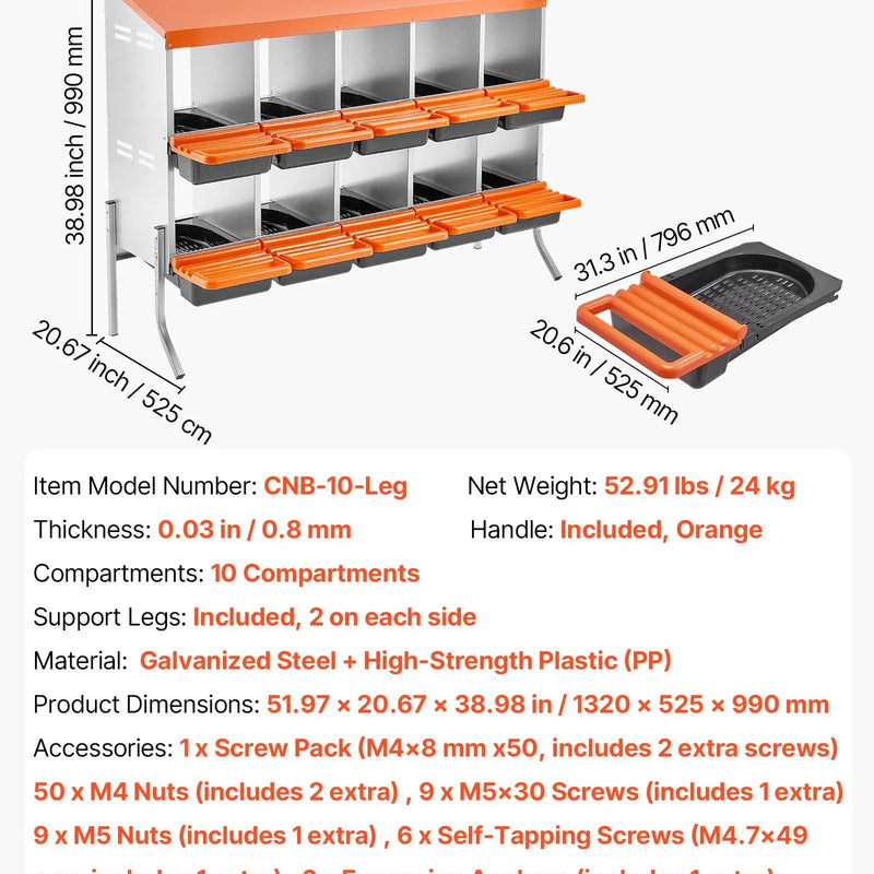 VEVOR vistas dēšanas ligzdas, 10 nodalījumi, ar balsta kājām, vienkārša olu savākšana, cinkots tērauds un augstas izturības plastmasa, ripojošās dēšanas ligzdas vistām un dējējvistām, oranžas