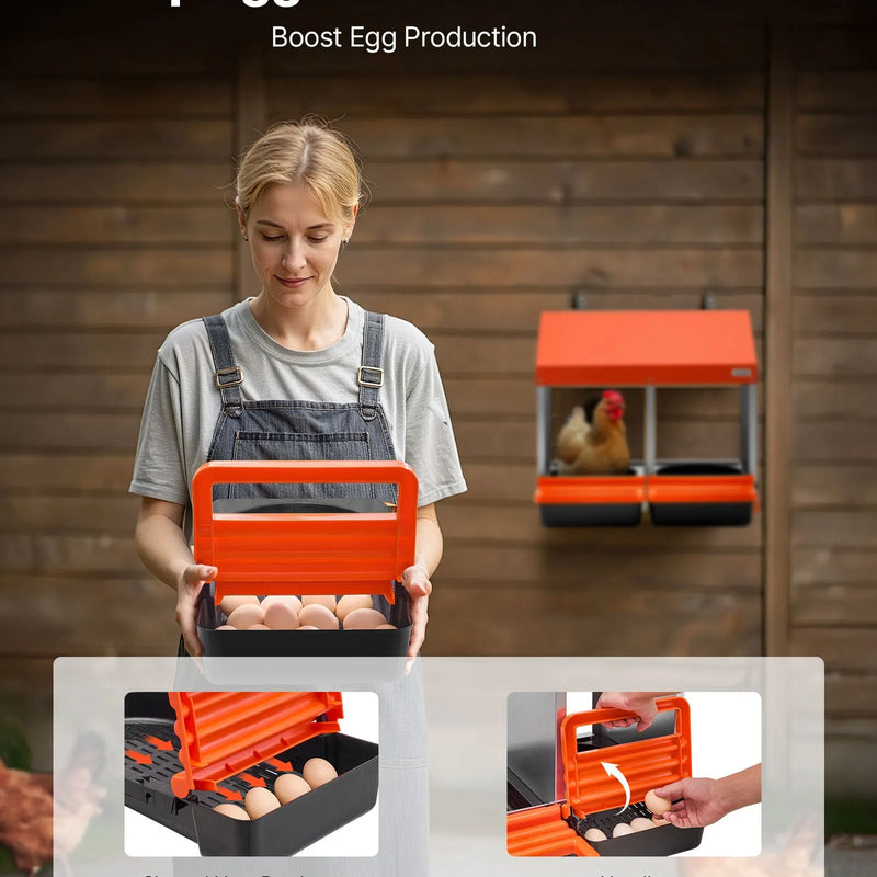 VEVOR vistu dēšanas ligzdas, 2 nodalījumi, ērta olu savākšana, stiprināšanai pie sienas, vienkārša montāža, cinkots tērauds un augstas izturības plastmasa, ripojošas ligzdas vistām dēšanai, oranžas