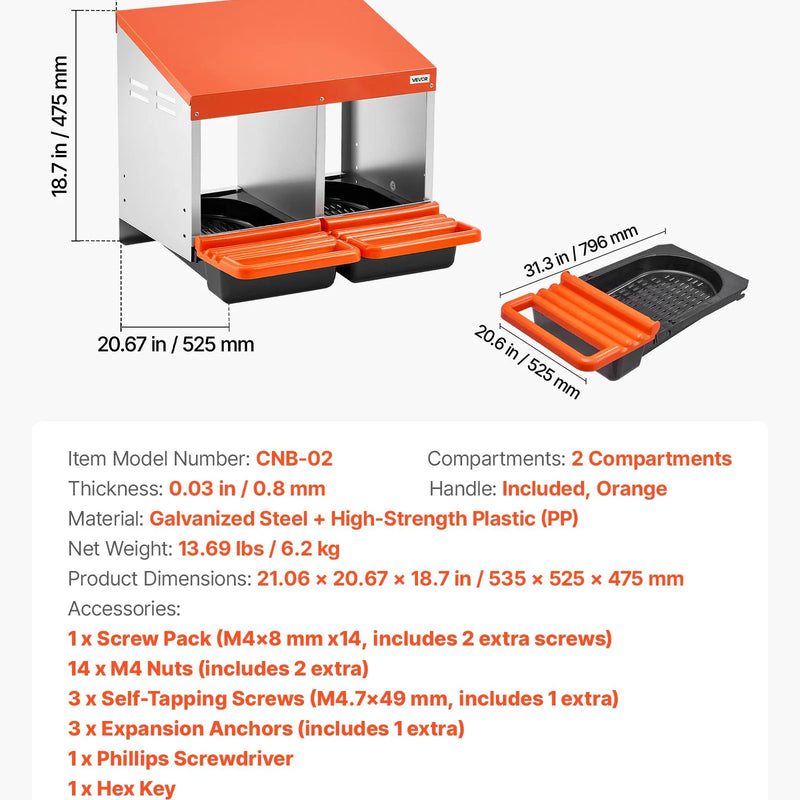 VEVOR vistu dēšanas ligzdas, 2 nodalījumi, ērta olu savākšana, stiprināšanai pie sienas, vienkārša montāža, cinkots tērauds un augstas izturības plastmasa, ripojošas ligzdas vistām dēšanai, oranžas