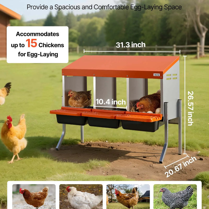 VEVOR vistu dēšanas ligzdas, 3 nodalījumi, ar balsta kājām, vienkārša olu savākšana, cinkots tērauds un augstas izturības plastmasa, ripojošās dēšanas ligzdas vistām un dējējvistām, oranžas