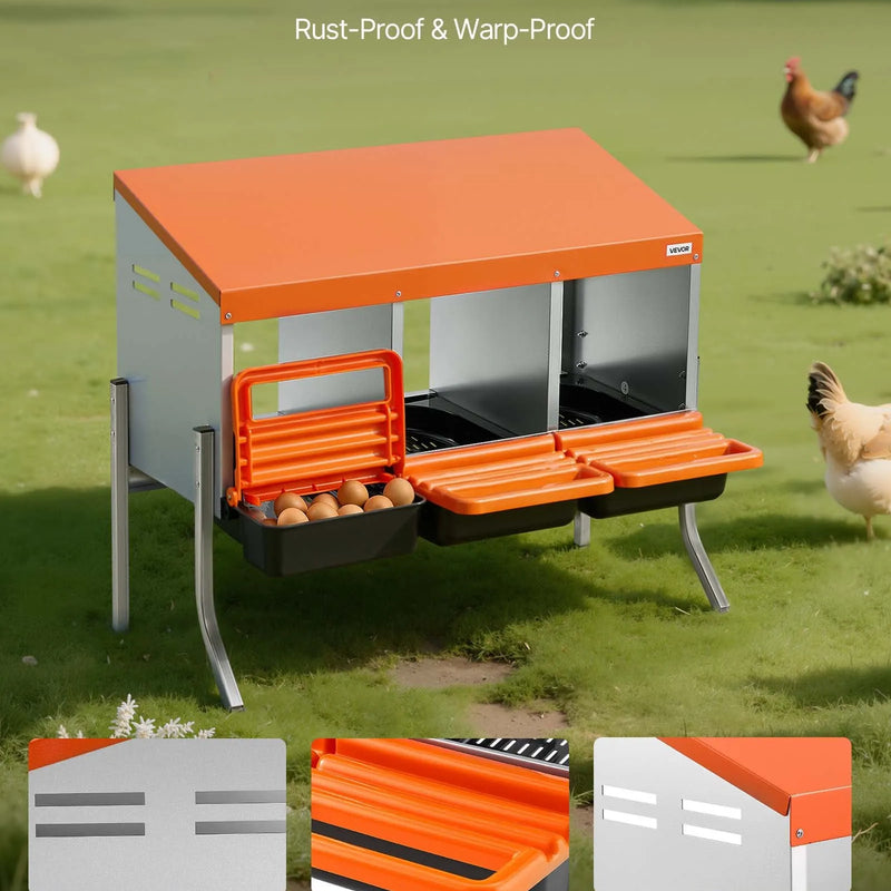VEVOR vistu dēšanas ligzdas, 3 nodalījumi, ar balsta kājām, vienkārša olu savākšana, cinkots tērauds un augstas izturības plastmasa, ripojošās dēšanas ligzdas vistām un dējējvistām, oranžas