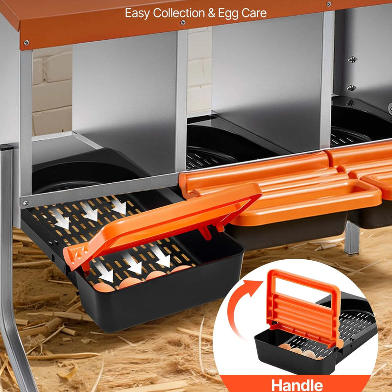 VEVOR vistu dēšanas ligzdas, 3 nodalījumi, ar balsta kājām, vienkārša olu savākšana, cinkots tērauds un augstas izturības plastmasa, ripojošās dēšanas ligzdas vistām un dējējvistām, oranžas
