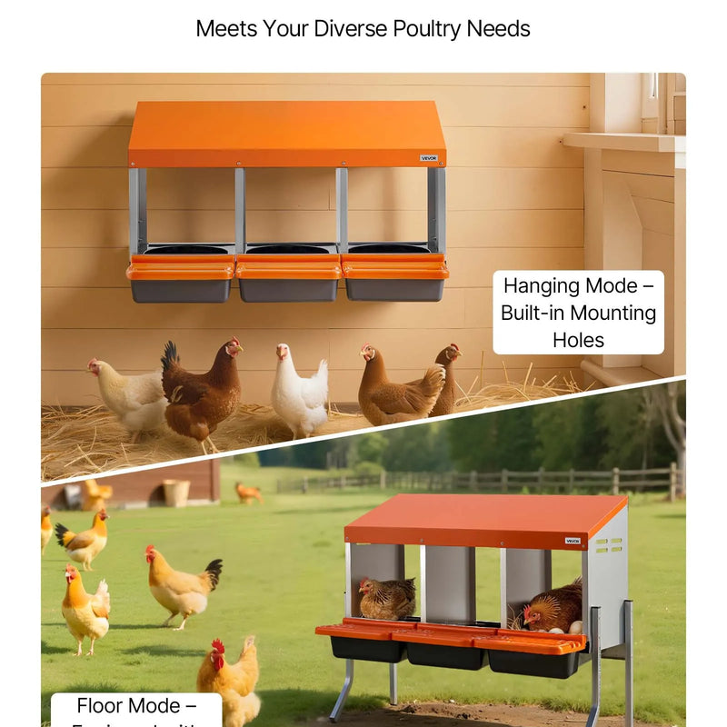 VEVOR vistu dēšanas ligzdas, 3 nodalījumi, ar balsta kājām, vienkārša olu savākšana, cinkots tērauds un augstas izturības plastmasa, ripojošās dēšanas ligzdas vistām un dējējvistām, oranžas