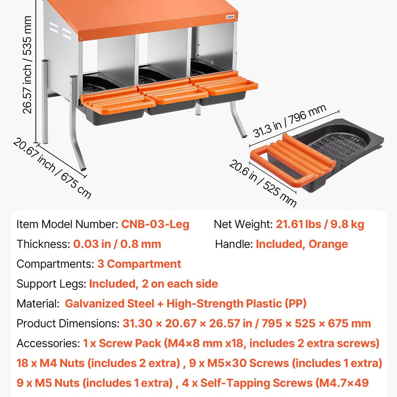 VEVOR vistu dēšanas ligzdas, 3 nodalījumi, ar balsta kājām, vienkārša olu savākšana, cinkots tērauds un augstas izturības plastmasa, ripojošās dēšanas ligzdas vistām un dējējvistām, oranžas