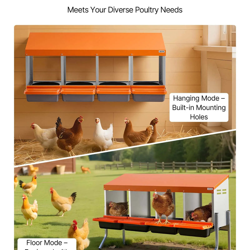 VEVOR vistu dējējligzdu kaste ar balsta kājām, 4 nodalījumi, ripojoša olu savākšanas sistēma, no cinkota tērauda un augstas izturības plastmasas, viegla olu savākšana, paredzēta vistām un dējējvistām, oranža