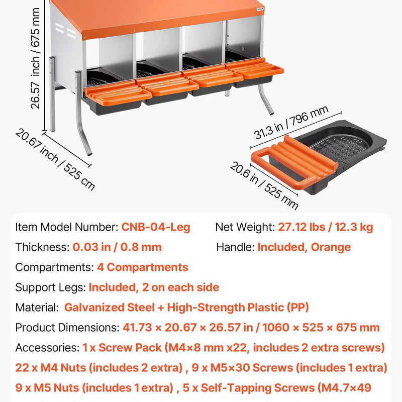 VEVOR vistu dējējligzdu kaste ar balsta kājām, 4 nodalījumi, ripojoša olu savākšanas sistēma, no cinkota tērauda un augstas izturības plastmasas, viegla olu savākšana, paredzēta vistām un dējējvistām, oranža