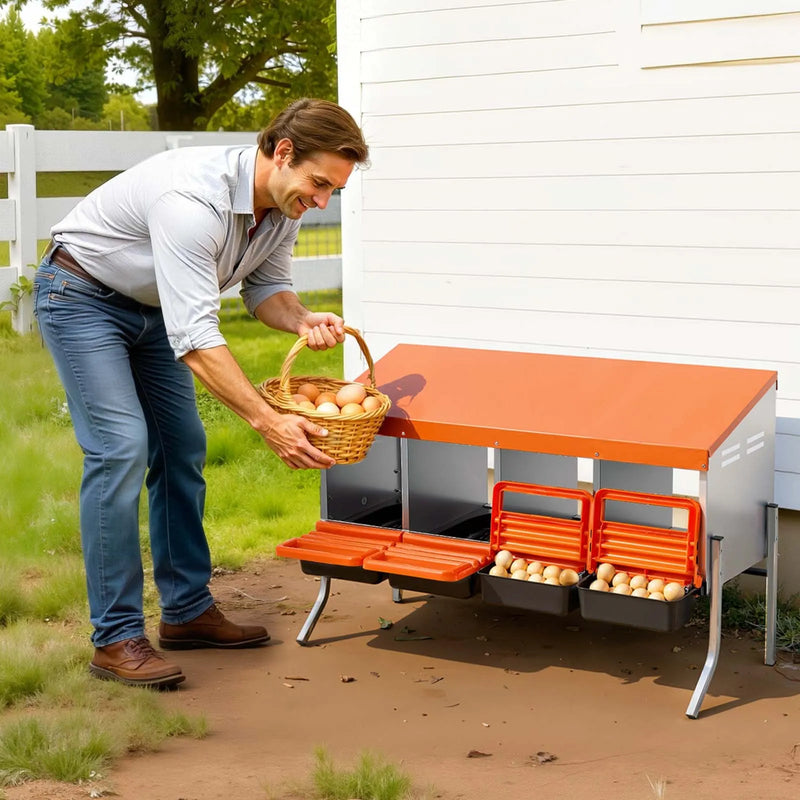 VEVOR vistu dējējligzdu kaste ar balsta kājām, 4 nodalījumi, ripojoša olu savākšanas sistēma, no cinkota tērauda un augstas izturības plastmasas, viegla olu savākšana, paredzēta vistām un dējējvistām, oranža