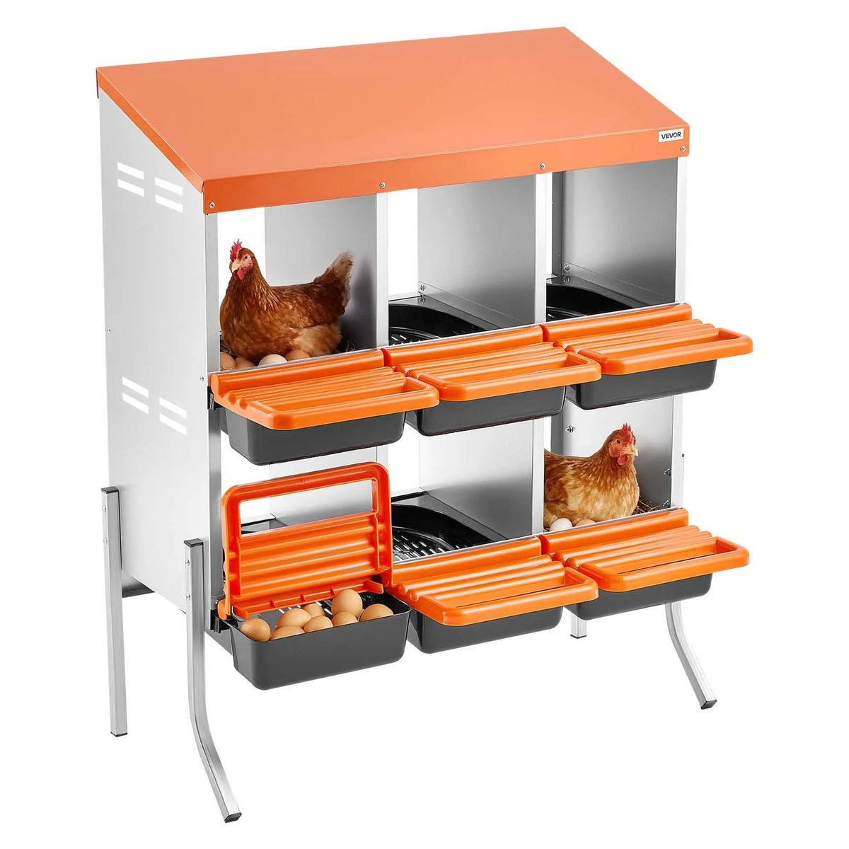 VEVOR Chicken Nesting Box with 6 Compartments, Support Legs and Egg Rolling System, Orange