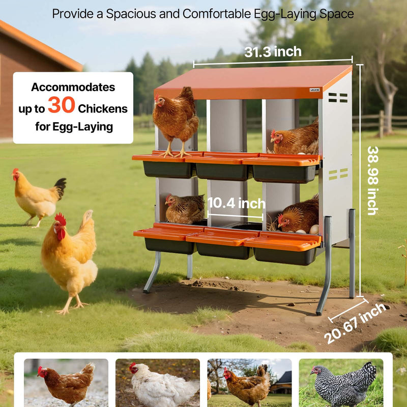 VEVOR vistu dēšanas ligzdas, 6 nodalījumi, ar balsta kājām, vienkārša olu savākšana, cinkots tērauds un augstas izturības plastmasa, ripojošās dēšanas ligzdas vistām un dējējvistām, oranžas