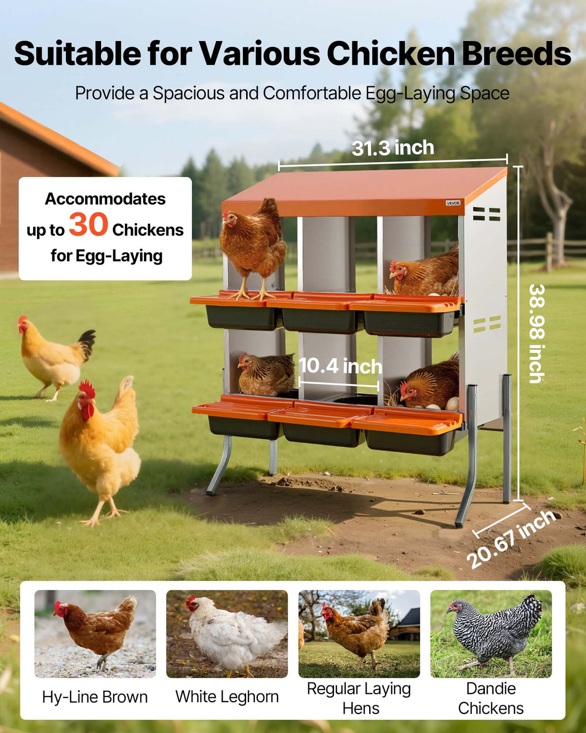 VEVOR Chicken Nesting Box with 6 Compartments, Support Legs and Egg Rolling System, Orange