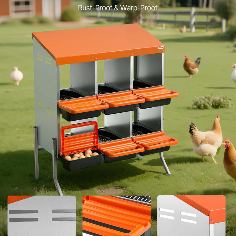 VEVOR vistu dēšanas ligzdas, 6 nodalījumi, ar balsta kājām, vienkārša olu savākšana, cinkots tērauds un augstas izturības plastmasa, ripojošās dēšanas ligzdas vistām un dējējvistām, oranžas