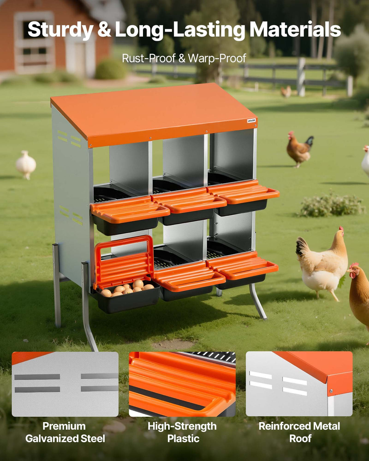 VEVOR Chicken Nesting Box with 6 Compartments, Support Legs and Egg Rolling System, Orange