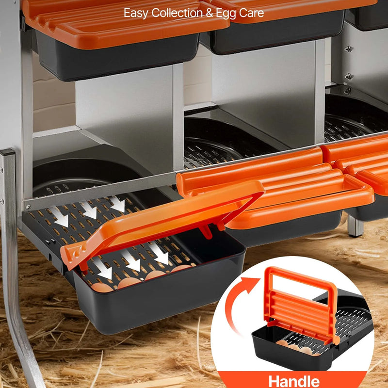 VEVOR vistu dēšanas ligzdas, 6 nodalījumi, ar balsta kājām, vienkārša olu savākšana, cinkots tērauds un augstas izturības plastmasa, ripojošās dēšanas ligzdas vistām un dējējvistām, oranžas