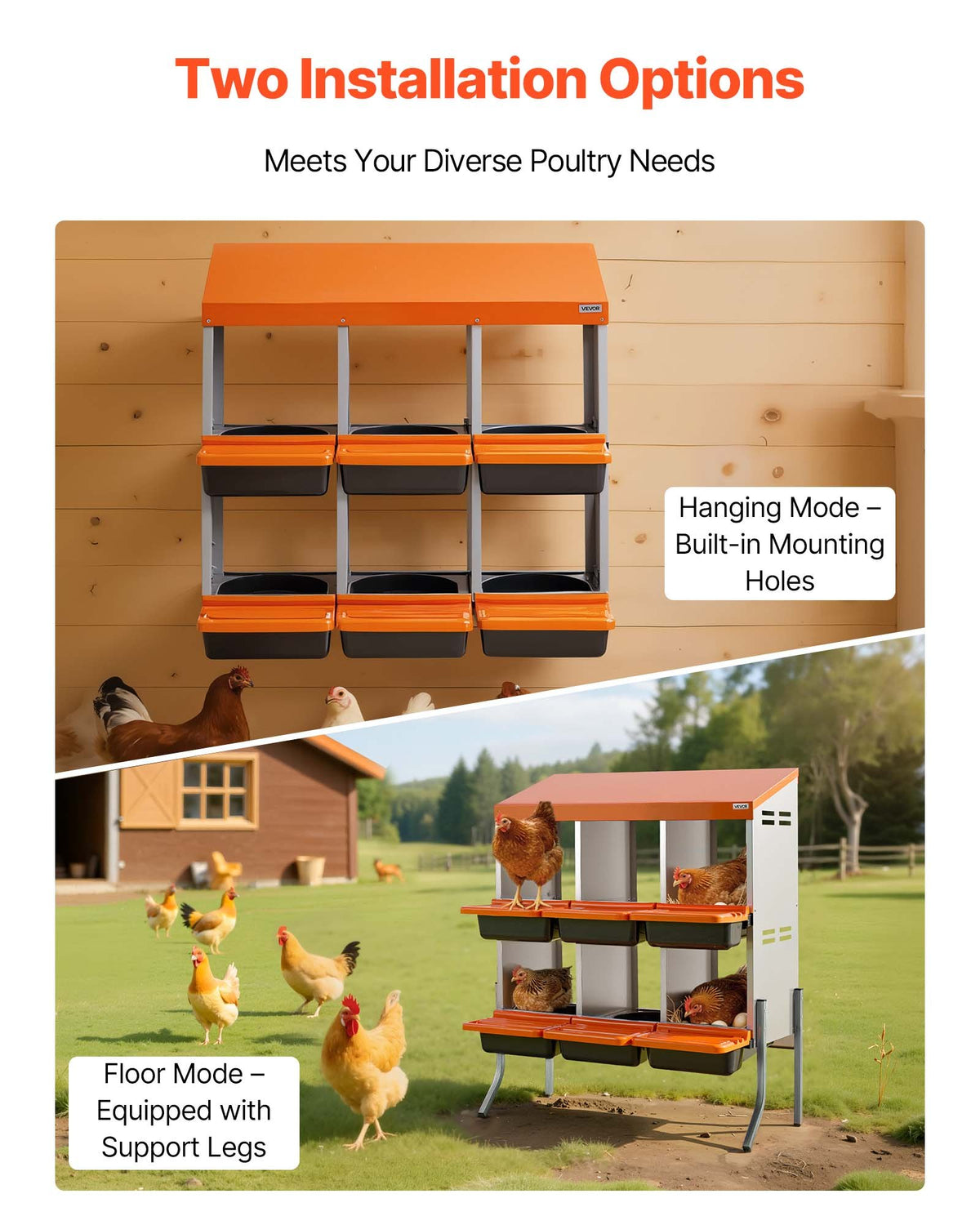 VEVOR Chicken Nesting Box with 6 Compartments, Support Legs and Egg Rolling System, Orange