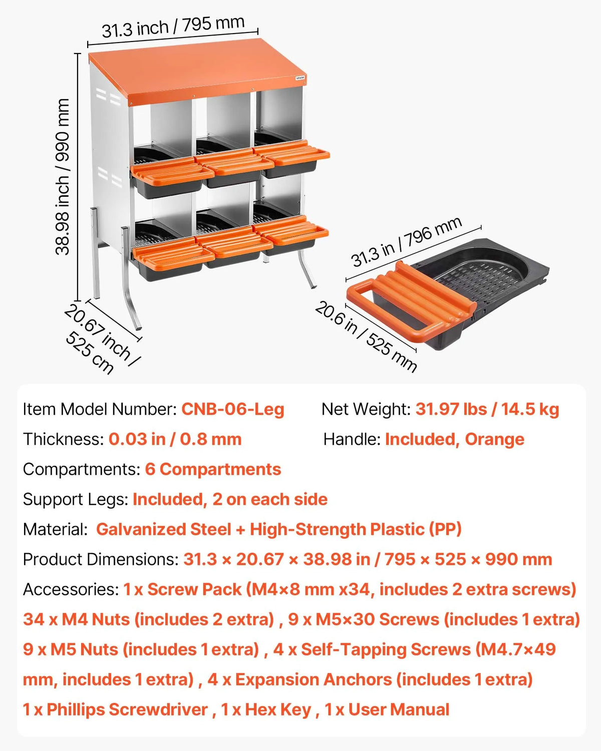 VEVOR Chicken Nesting Box with 6 Compartments, Support Legs and Egg Rolling System, Orange