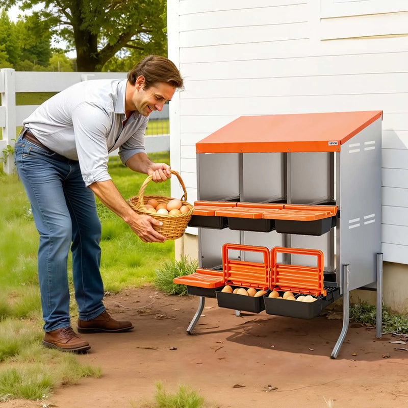 VEVOR vistu dēšanas ligzdas, 6 nodalījumi, ar balsta kājām, vienkārša olu savākšana, cinkots tērauds un augstas izturības plastmasa, ripojošās dēšanas ligzdas vistām un dējējvistām, oranžas