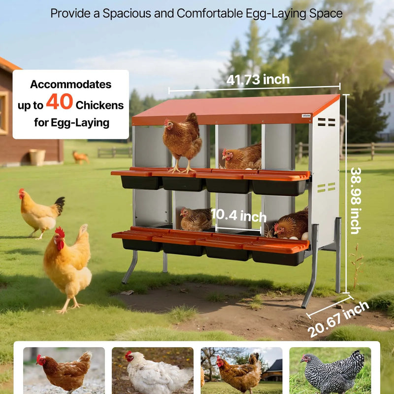 VEVOR vistu dēšanas ligzdas, 8 nodalījumi, ar balsta kājām, ērta olu savākšana, cinkots tērauds un augstas izturības plastmasa, ripojošas ligzdas vistām un dējējvistām, oranžas