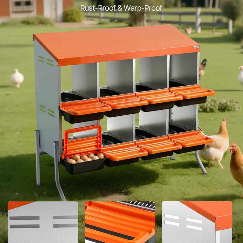 VEVOR vistu dēšanas ligzdas, 8 nodalījumi, ar balsta kājām, ērta olu savākšana, cinkots tērauds un augstas izturības plastmasa, ripojošas ligzdas vistām un dējējvistām, oranžas