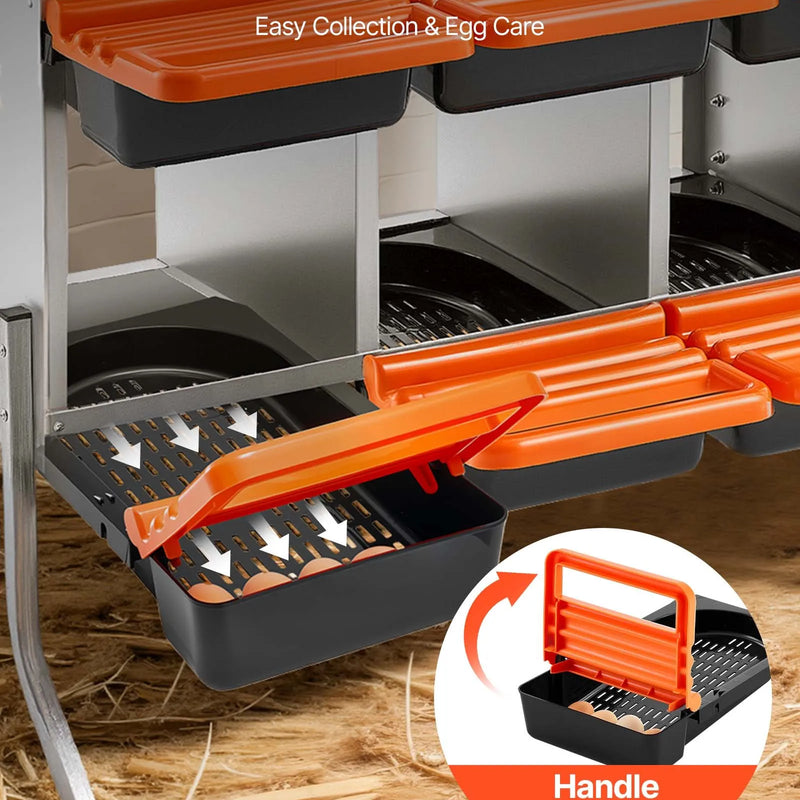 VEVOR vistu dēšanas ligzdas, 8 nodalījumi, ar balsta kājām, ērta olu savākšana, cinkots tērauds un augstas izturības plastmasa, ripojošas ligzdas vistām un dējējvistām, oranžas