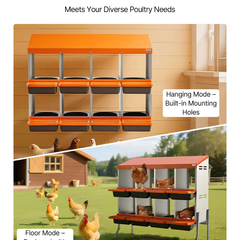 VEVOR vistu dēšanas ligzdas, 8 nodalījumi, ar balsta kājām, ērta olu savākšana, cinkots tērauds un augstas izturības plastmasa, ripojošas ligzdas vistām un dējējvistām, oranžas