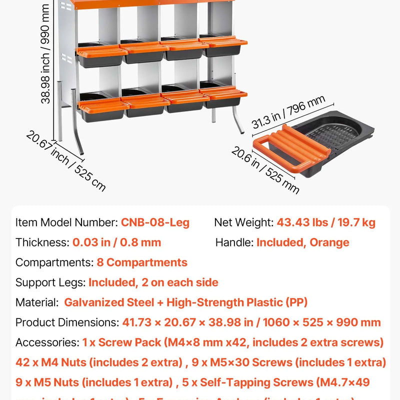 VEVOR vistu dēšanas ligzdas, 8 nodalījumi, ar balsta kājām, ērta olu savākšana, cinkots tērauds un augstas izturības plastmasa, ripojošas ligzdas vistām un dējējvistām, oranžas