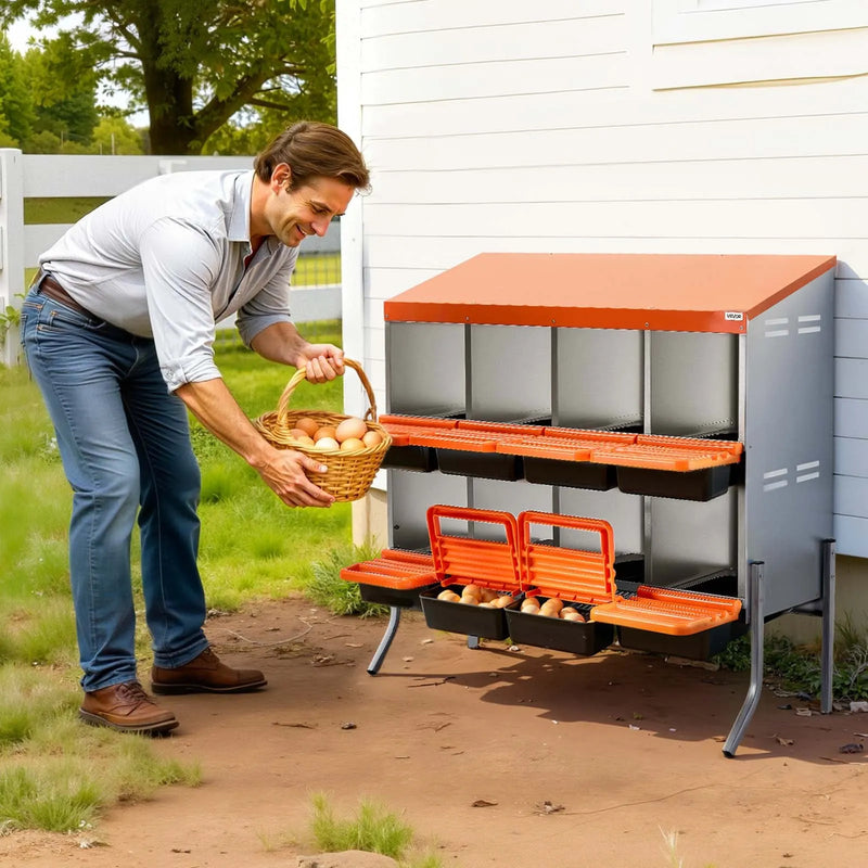 VEVOR vistu dēšanas ligzdas, 8 nodalījumi, ar balsta kājām, ērta olu savākšana, cinkots tērauds un augstas izturības plastmasa, ripojošas ligzdas vistām un dējējvistām, oranžas